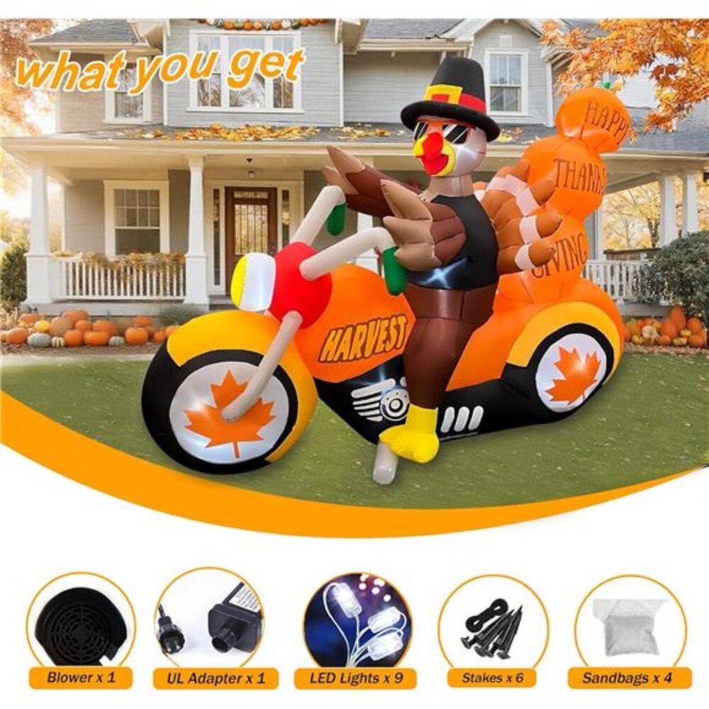 6.5 FT Thanksgiving Inflatable Turkey Riding Motorcycle - Picture 6 of 7
